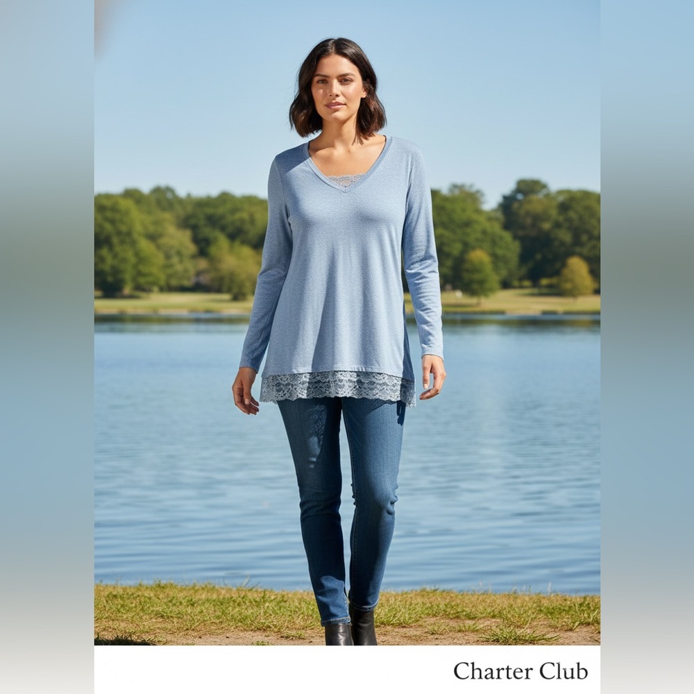 Charter Club Light Blue Tunic with Lace Trim